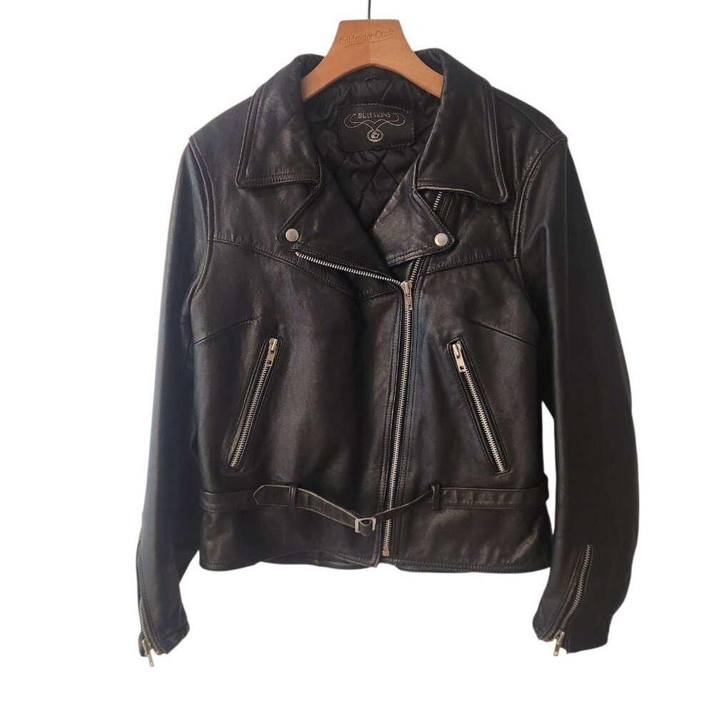 Vintage Bullskins Black Leather Jacket Biker Rocker Motorcycle Moto Womens 14‎